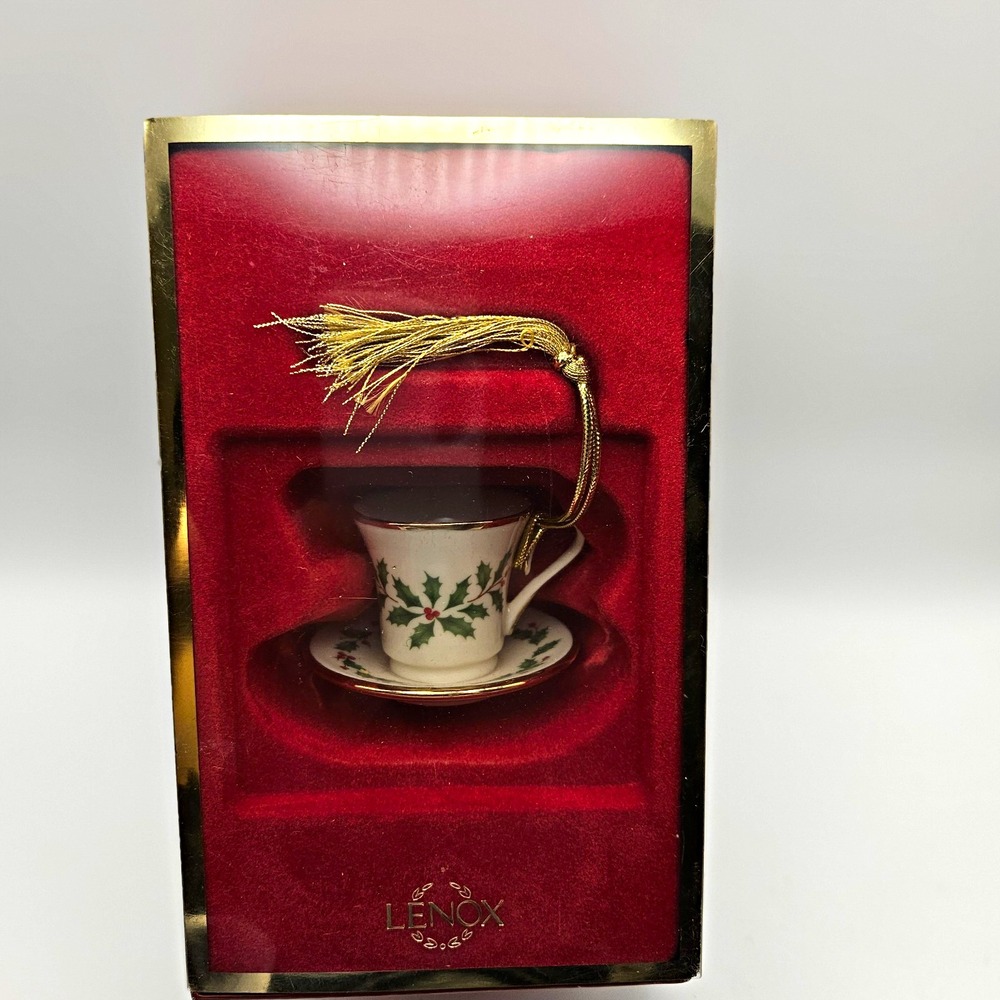 Lenox Hanging Cup & Saucer Ornament, White/Green/Red/Gold Floral Christmas